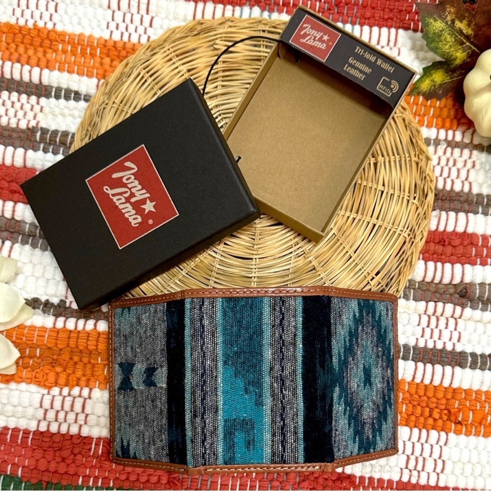 New Tony Lama Tri-Fold Wallet RFID Blue Aztec Canvas Leather Cowboy Western